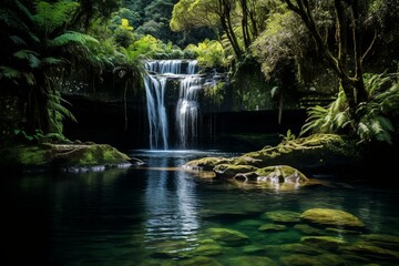 A view of lush green leaves and waterfalls cascading into a pool in a scenic reserve. Generative AI