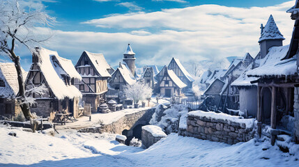 Snow-blanketed rooftops of an old village