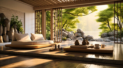 Fototapeta premium Zen interiors with rock gardens and bamboo dividers