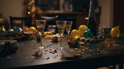 Party Afterparty Neujahr Silvester Jahreswechsel Tag danach Tisch Chaos Dreck Glas Konfetti Unordnung 2024 KI Generated