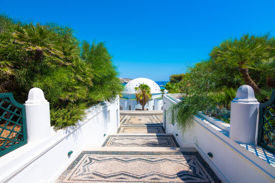 The beautiful buildings at Kalithea Springs constructed in the 1930s, Rhodes Island, Greece, Europe. Kallithea Therms, Kallithea Springs located at the bay of Kallithea on Rhodes island, Greece.