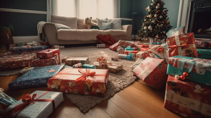 Piles of Xmas Presents Gifts Christmas Abundance Children Packed Culture too much overflow AI Generated