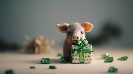 Neujahr Silvester Schwein Gl&uuml;cksbringer Geschenk Kleeblatt Gl&uuml;ck Jahreswechsel 2024 KI Generiert 