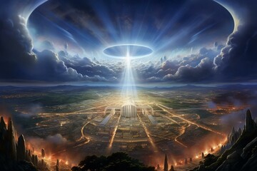 Illustration of the New Jerusalem on the Earth, depicted in the book of Revelation highlighting the Millennium and kingdom of Jesus. Generative AI