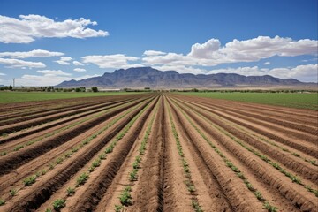 Fototapeta na wymiar Green Agrarian Landscape of Arizona Farm with Rows of Lush Crops under a Blue Sky