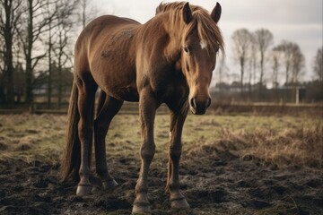 Horse Scratching Itself at Pasture - Domestic Equine Mammal in Farm Stable enjoying Nature