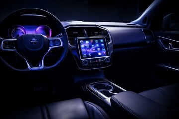 modern car interior displaying a tablet with a dim screen. Generative AI