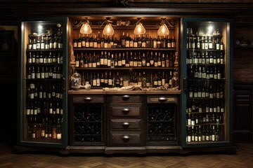 Vintage Wine Cabinet with Cellar Storage for Bottles and Glasses in a Winery Row Display