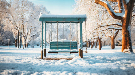 Snow-covered swings in an empty playground