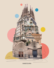 Contemporary art collage. Design in modern contemporary retro style about Barcelona