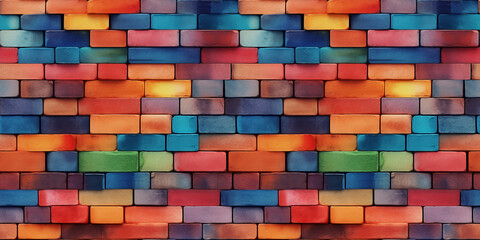 Brick wall background filled with different bright colors in a seamless repetitive pattern.