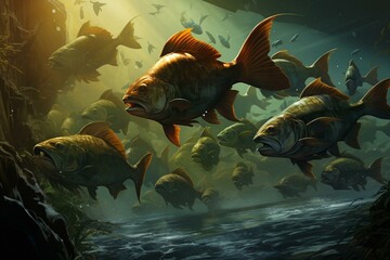 School of fierce piranhas in a river habitat. Generative AI