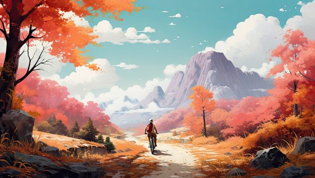 a woman's bike riding through a forest in autumn scene Generative AI