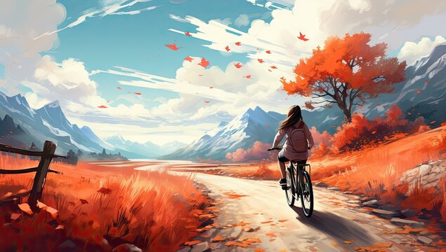 a woman riding her bike on a trail with fall leaves and flowers Generative AI
