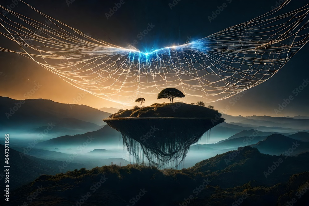 Aufkleber a visually captivating scene of a floating island in the sky, held aloft by an intricate web of ethe