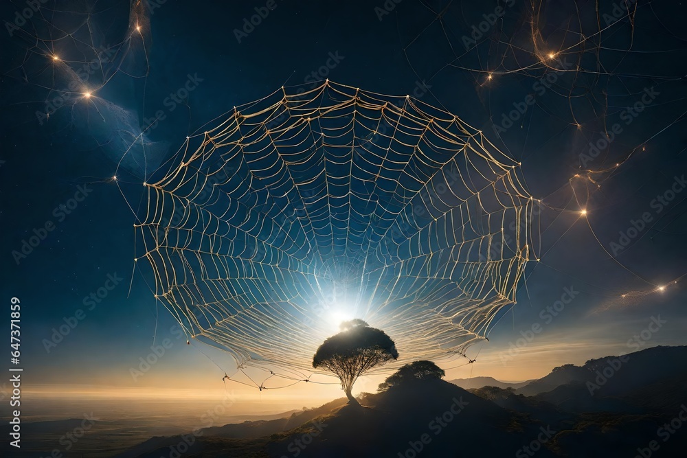 Poster a visually captivating scene of a floating island in the sky, held aloft by an intricate web of ethe