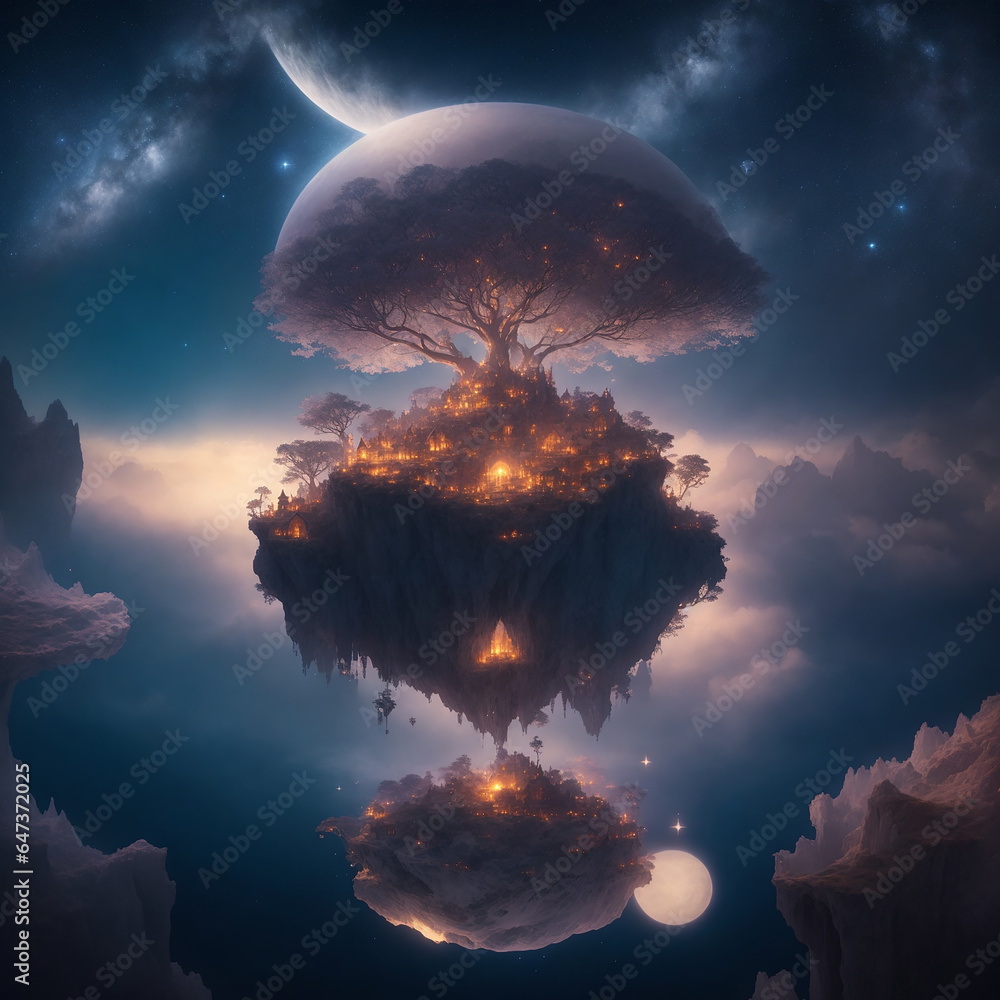 Poster a visually captivating scene of a floating island in the sky, held aloft by an intricate web of ethe