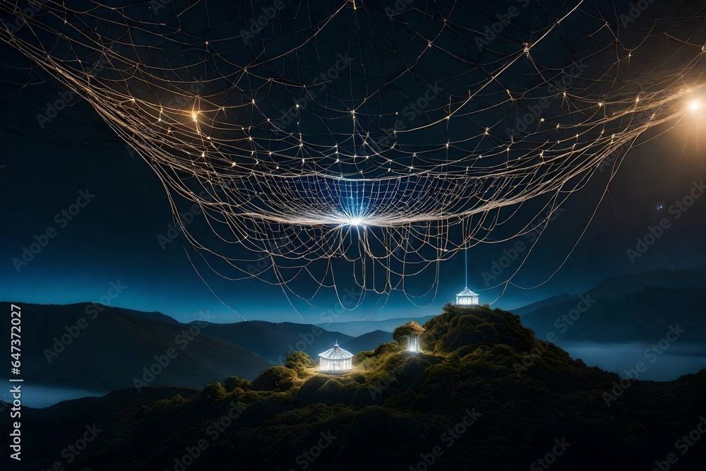 Poster a visually captivating scene of a floating island in the sky, held aloft by an intricate web of ethe