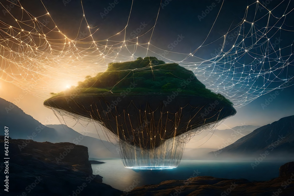 Poster a visually captivating scene of a floating island in the sky, held aloft by an intricate web of ethe