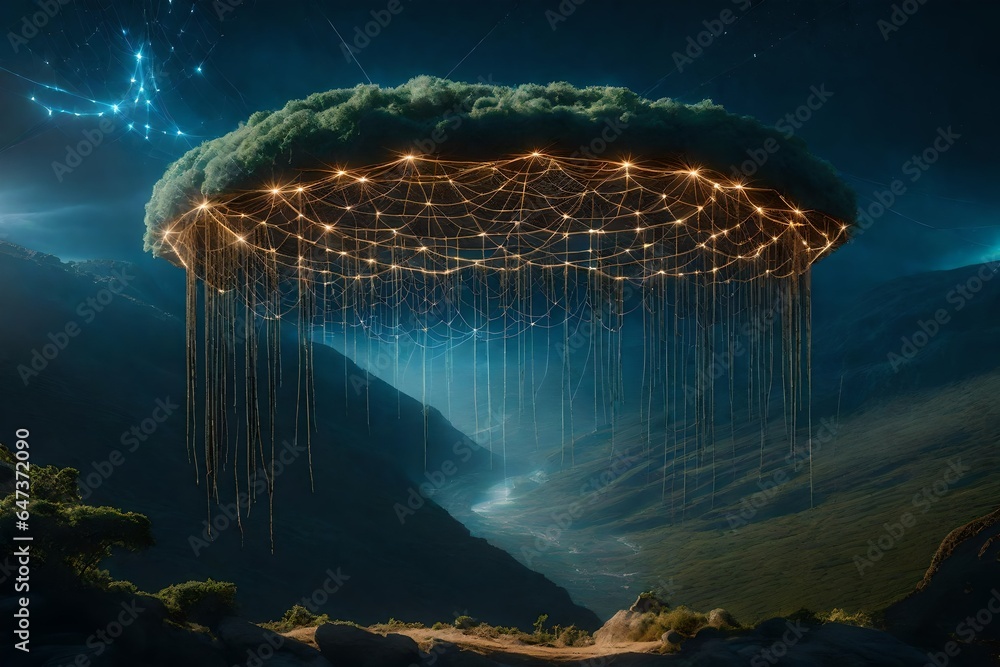 Poster a visually captivating scene of a floating island in the sky, held aloft by an intricate web of ethe