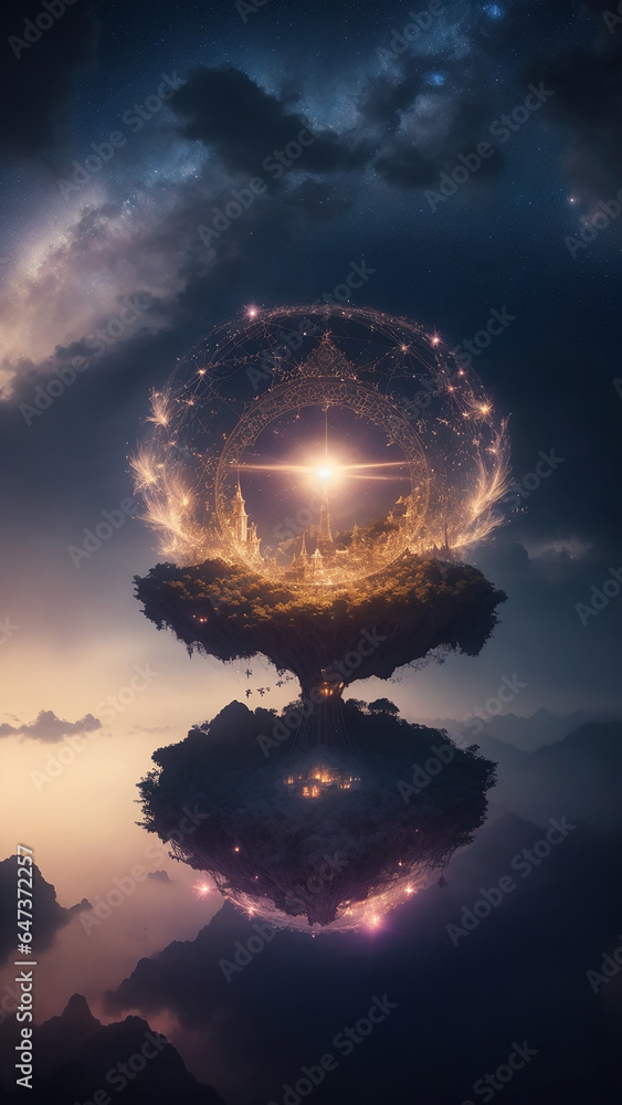 Poster a visually captivating scene of a floating island in the sky, held aloft by an intricate web of ethe