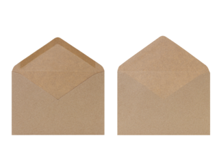 Brown envelope isolated on white background. Letter, front and back view. Craft made from recycled paper. Design element. Copy space