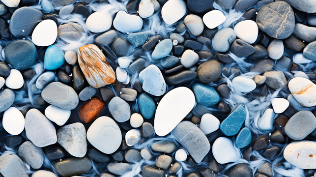 Ice-covered pebbles on a deserted beach,