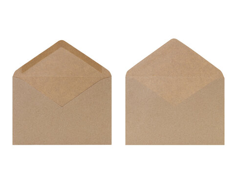 Brown envelope isolated on white background. Letter, front and back view. Craft made from recycled paper. Design element. Copy space
