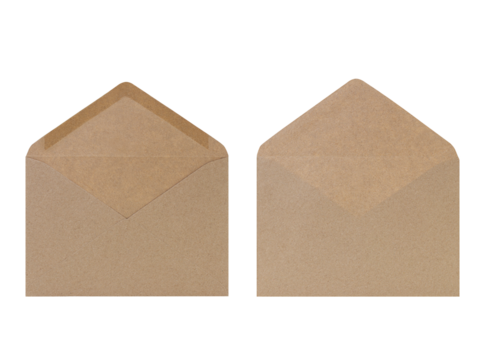 Brown envelope isolated on white background. Letter, front and back view. Craft made from recycled paper. Design element. Copy space