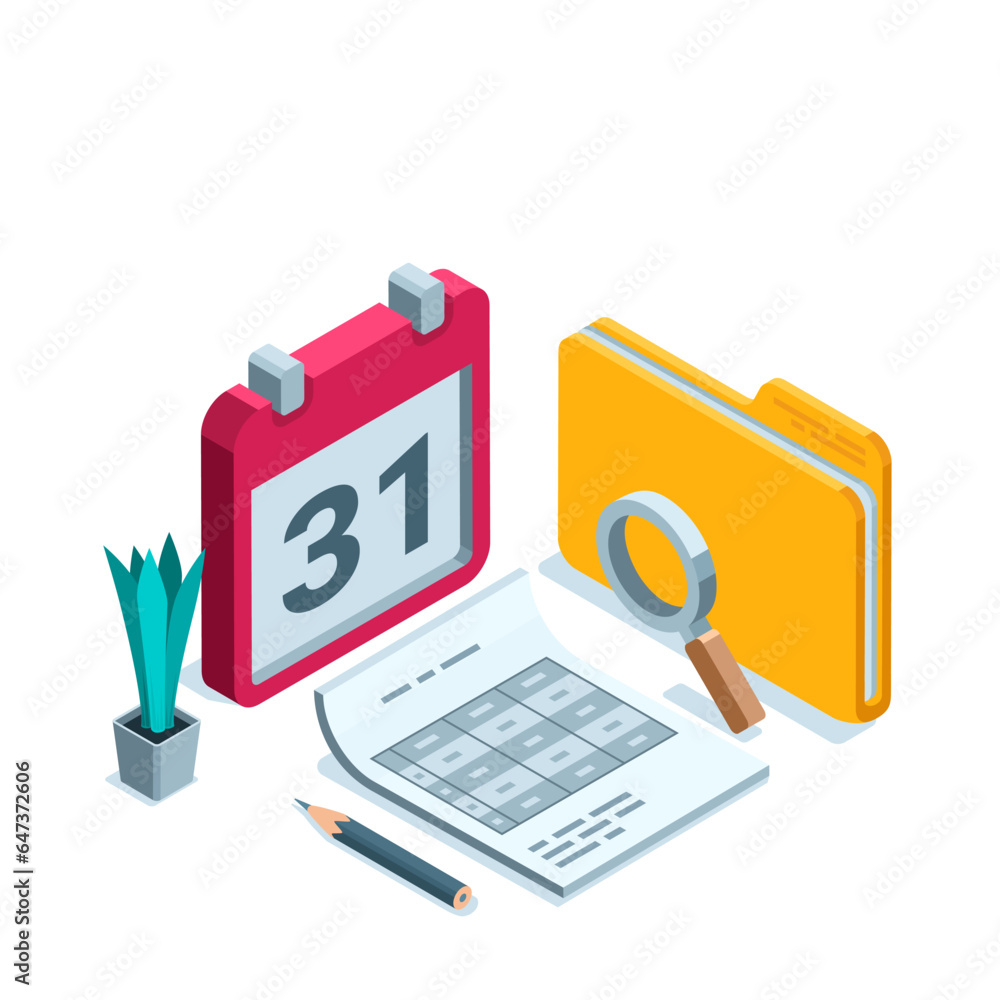 Poster isometric concept in color on a white background, financial report on a sheet of paper near a folder