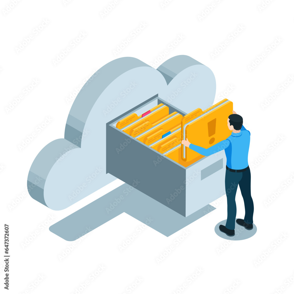 Poster isometric business man takes a folder from the archive in the cloud in color on a white background, 