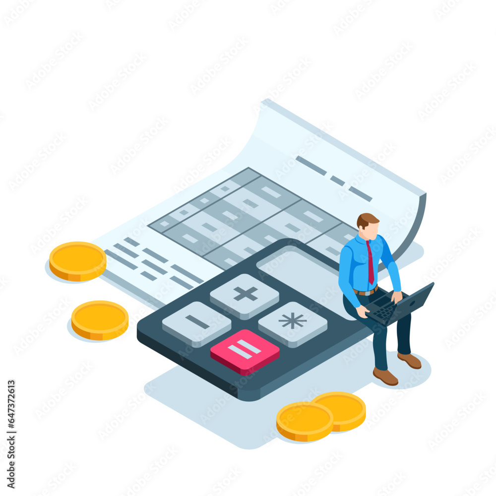 Poster isometric business man sitting on a calculator over a sheet of paper with a table in color on a whit