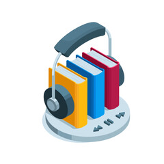 isometric headphones on books in color on a white background, e-book or audiobook
