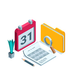 isometric concept in color on a white background, financial report on a sheet of paper near a folder and calendar