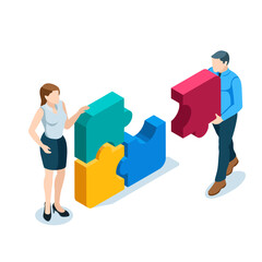 isometric man and woman putting together a puzzle in color on a white background, teamwork and mutual assistance