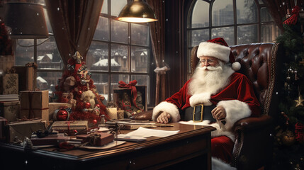 Santa Claus works at his desk