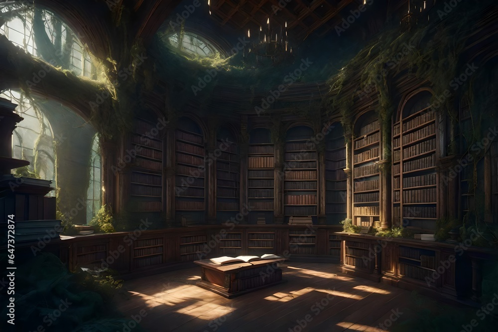 Poster an ancient, overgrown library in a hidden forest - ai generative