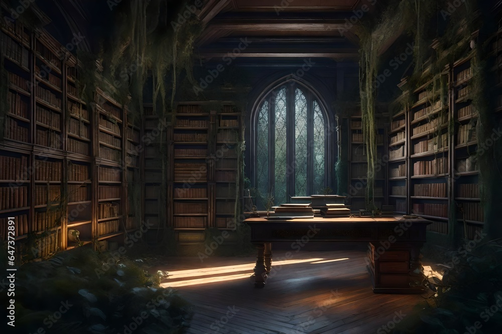 Poster an ancient, overgrown library in a hidden forest - ai generative