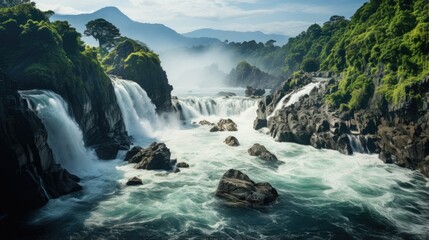 Fototapeta premium Beautiful waterfall view from the top of the mountain