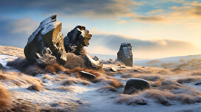 Ice-covered boulders on the edge of a foggy moor