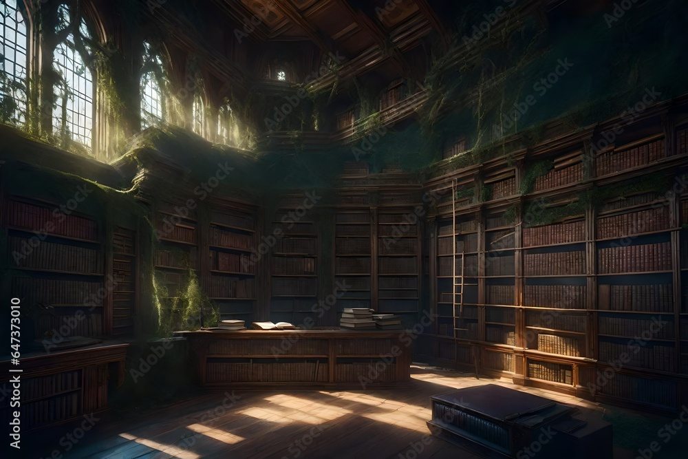 Poster an ancient, overgrown library in a hidden forest - ai generative