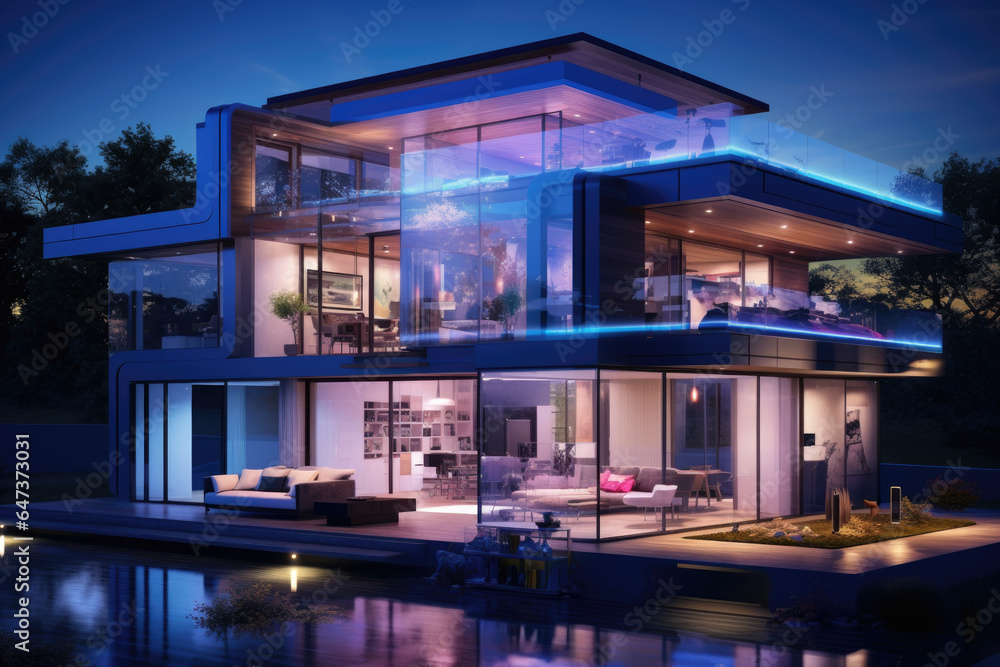 Poster a futuristic smart home with ai-powered devices controlling lighting and temperature. generative ai.
