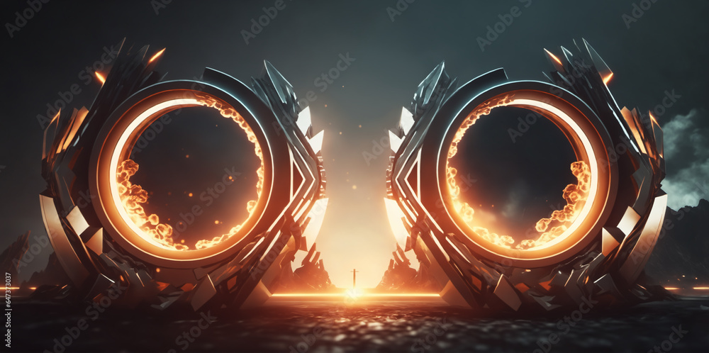 Poster epic intro scene with circular technology design. copyspace with lens flares..