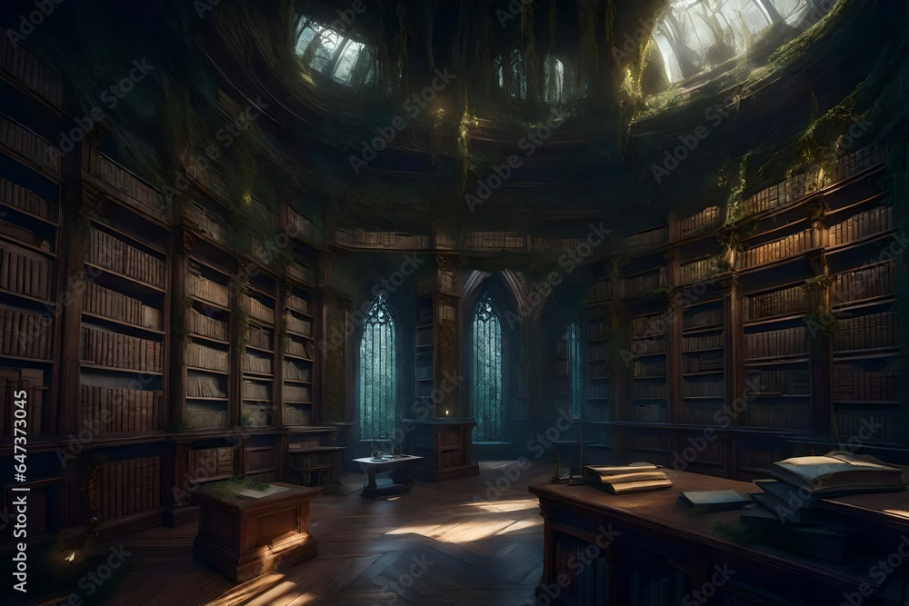 Poster an ancient, overgrown library in a hidden forest - ai generative