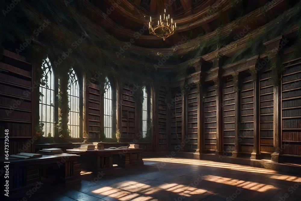 Poster an ancient, overgrown library in a hidden forest - ai generative