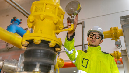 Asian engineer wearing glasses working in the boiler room,maintenance checking technical data of heating system equipment,Thailand people