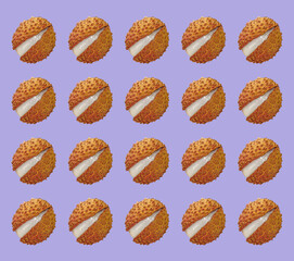 Square purple background with lychee. Nobody. 
