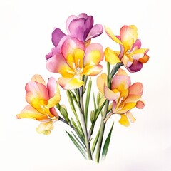 Yellow purple watercolour freesia summer flower bouquet illustration on white background. Floral blossom concept