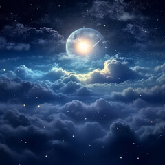Fototapeta na wymiar Moon in starry night over clouds