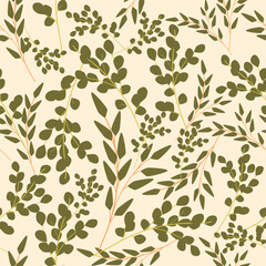 Seamless pattern of  foliage natural branches, green leaves, herbs. Vector fresh beauty rustic eco friendly background